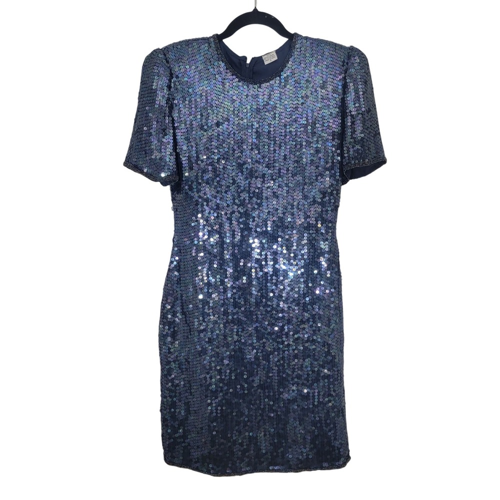 Vintage 100% Silk Blue Iridescent Sequin Beaded Mini Dress Short Sleeve Small
